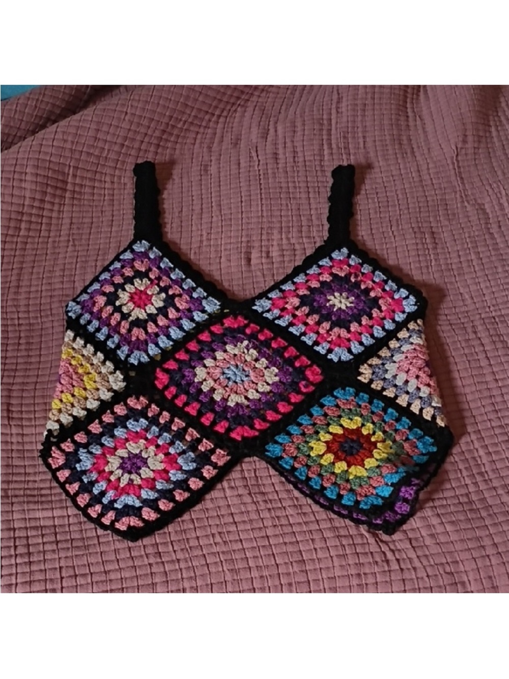 Vintage Handmade Multicolor Granny Crochet Crop Top with Black Trim